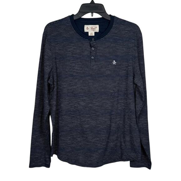 Original Penguin Striped Long Sleeve Henley Shirt Navy Blue Cotton Blend Mens Si - Picture 1 of 8
